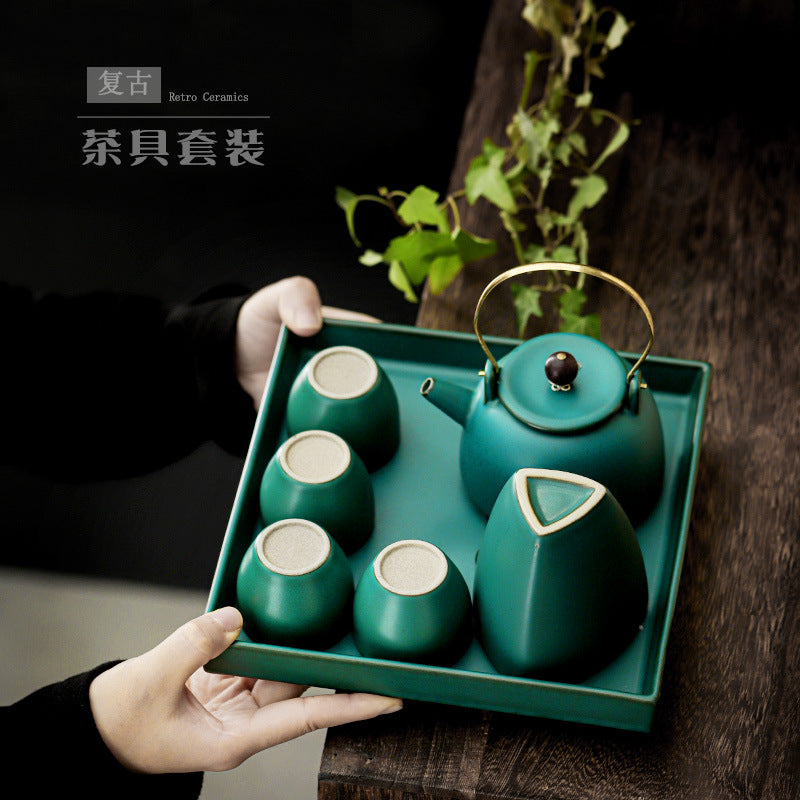 Authentic Stream Shadow Beam-Handle Ceramic Teapot Set with Tray & 4 Cups - Complete 6pc Suite