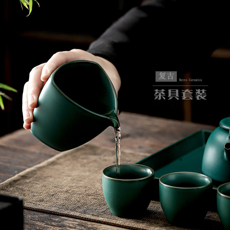 Authentic Stream Shadow Beam-Handle Ceramic Teapot Set with Tray & 4 Cups - Complete 6pc Suite