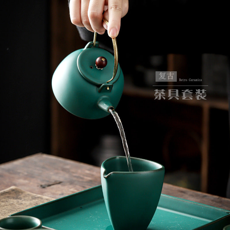 Authentic Stream Shadow Beam-Handle Ceramic Teapot Set with Tray & 4 Cups - Complete 6pc Suite