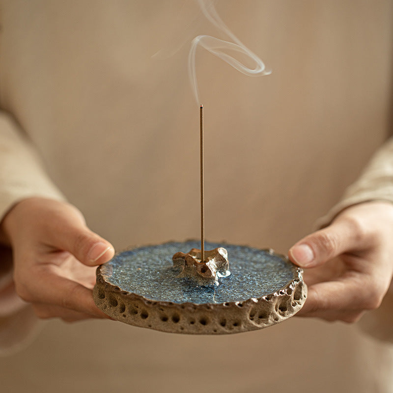 Authentic Old Rock Clay Blue Crystalline Taihu Scholar Stone Incense Holder & Lid Rest - Teaware Accessories