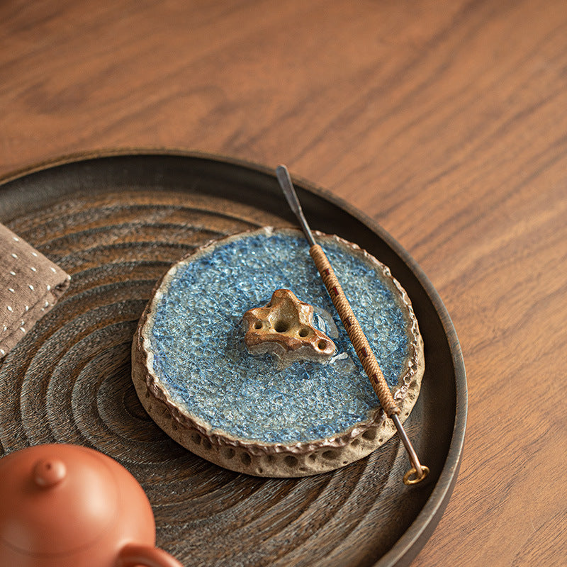 Authentic Old Rock Clay Blue Crystalline Taihu Scholar Stone Incense Holder & Lid Rest - Teaware Accessories