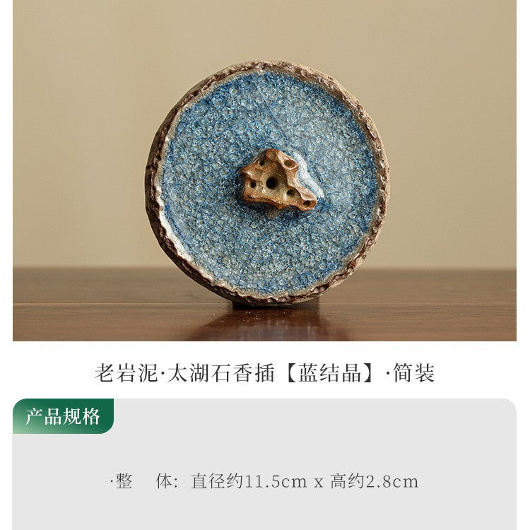 Authentic Old Rock Clay Blue Crystalline Taihu Scholar Stone Incense Holder & Lid Rest - Teaware Accessories
