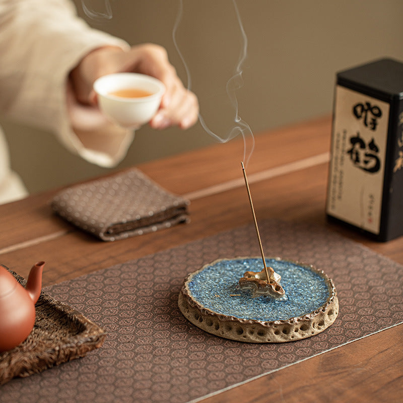 Authentic Old Rock Clay Blue Crystalline Taihu Scholar Stone Incense Holder & Lid Rest - Teaware Accessories