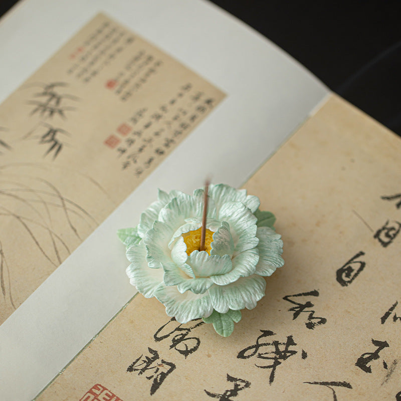 Handcrafted Ceramic Peony Blossom Incense Holder Stand - Zen Tea Table Decor