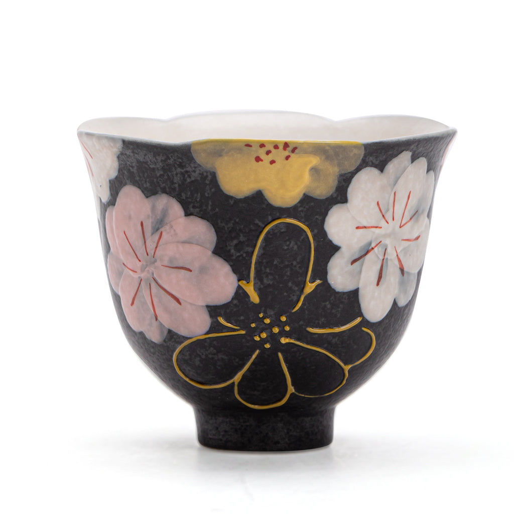 Authentic Rock Mineral White Black Glaze Blooming Flora Flared Master Teacup - 80ml Cup