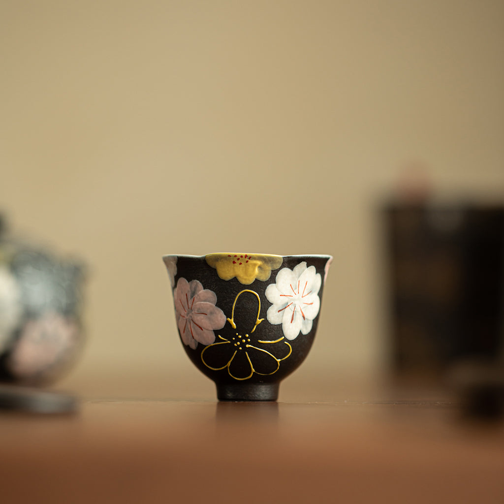 Authentic Rock Mineral White Black Glaze Blooming Flora Flared Master Teacup - 80ml Cup
