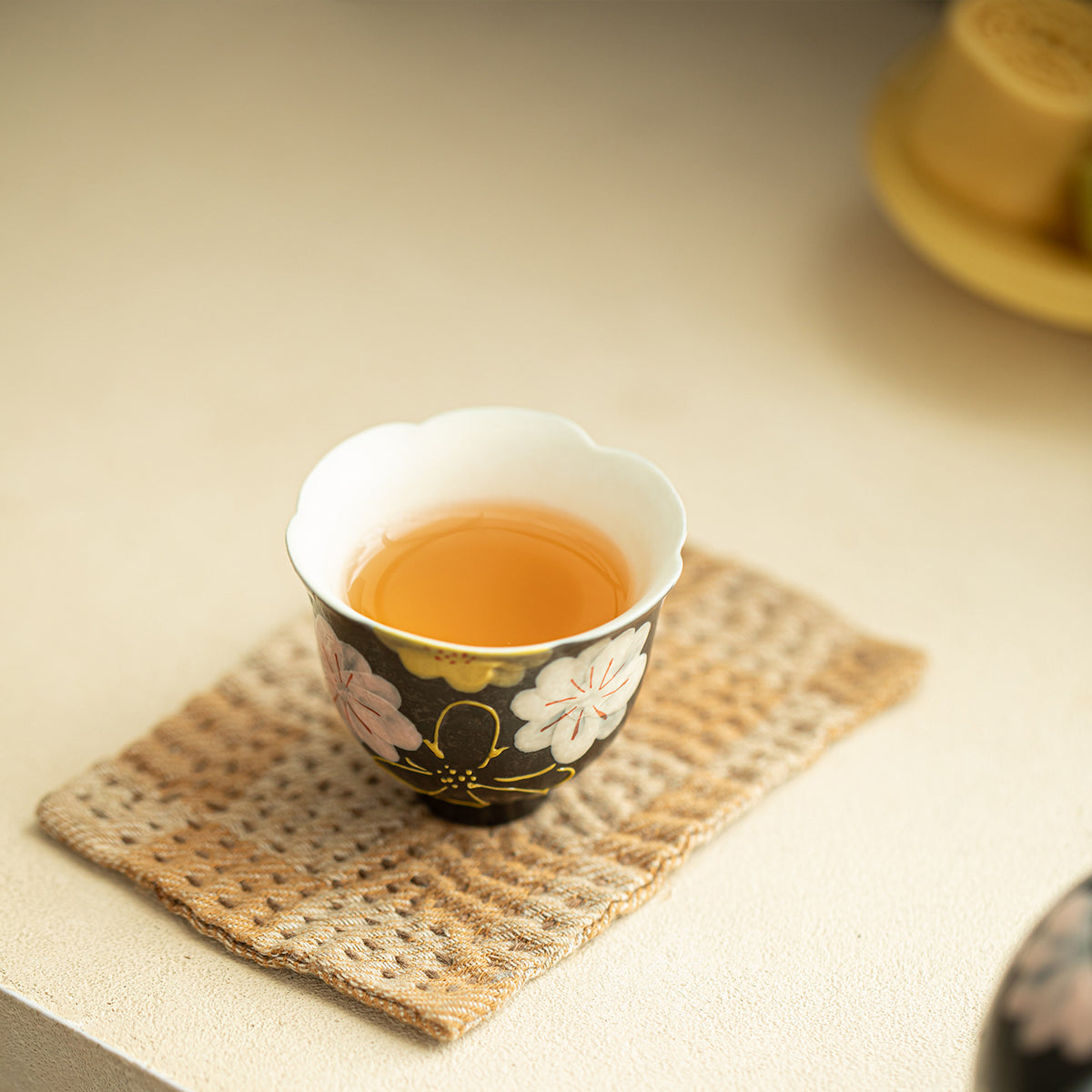 Authentic Rock Mineral White Black Glaze Blooming Flora Flared Master Teacup - 80ml Cup
