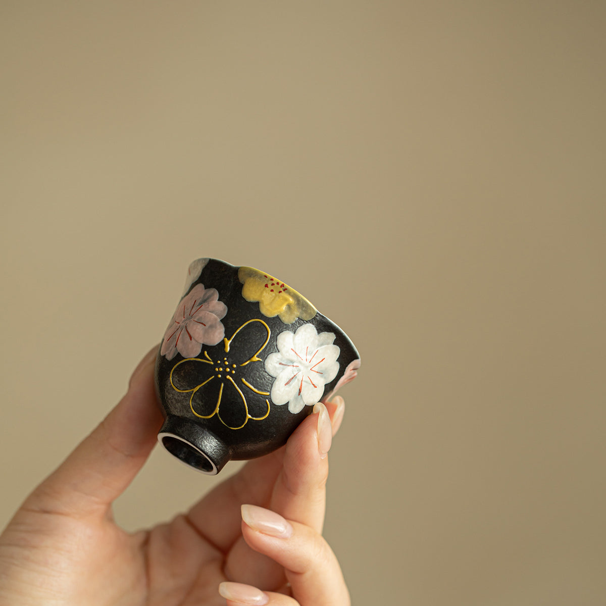 Authentic Rock Mineral White Black Glaze Blooming Flora Flared Master Teacup - 80ml Cup