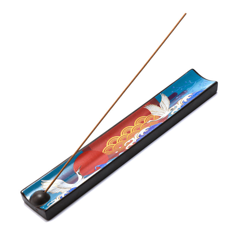Cranes and auspicious clouds long ceramic incense holder on white background