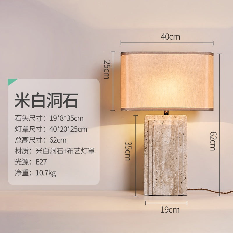 Cream travertine rectangular table lamp, 40 cm wide and 62 cm high, with fabric shade