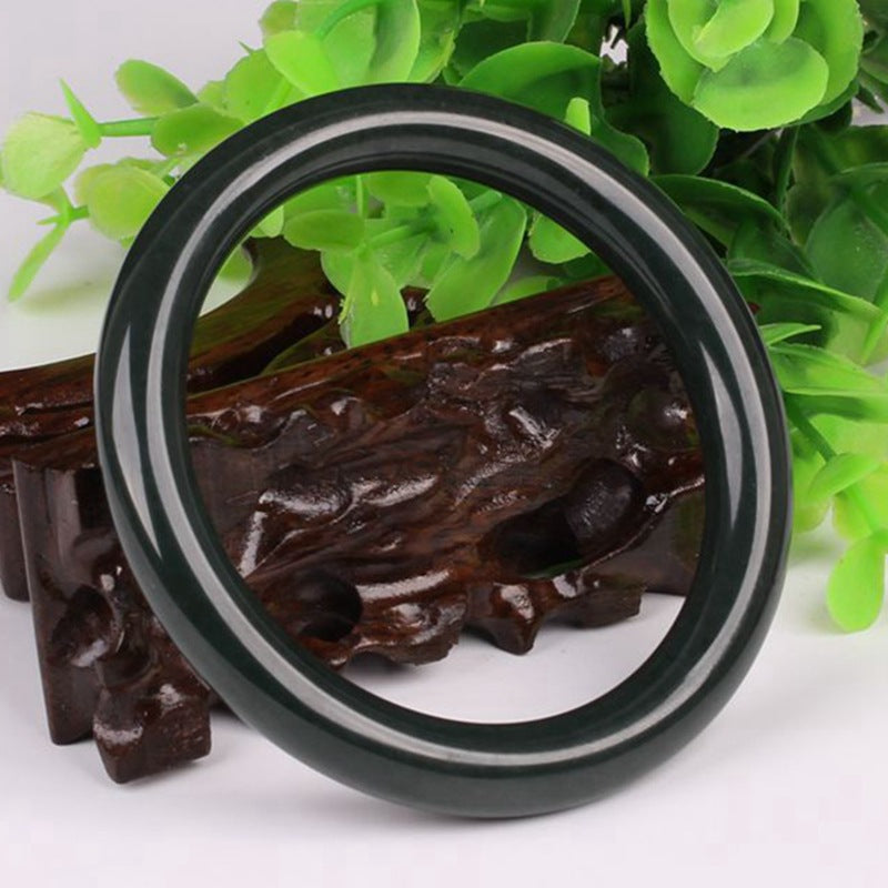 Certified Hetian Qingyu bangle dark green round strip bracelet with smooth polish