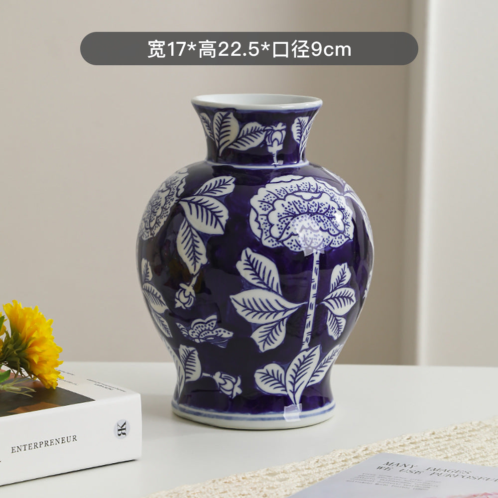 Deep indigo and white peony vase, large, 17 cm wide and 22.5 cm high