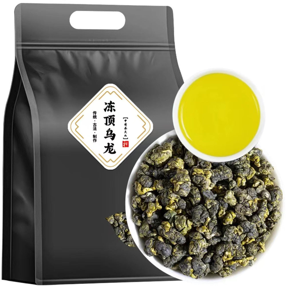 Rolled Dong Ding oolong leaves and bright golden liquor