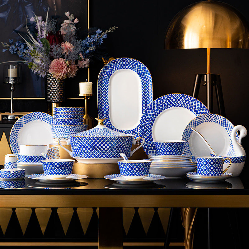 Dongli Youran cobalt blue geometric bone china dinnerware collection
