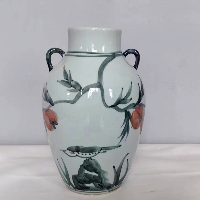 Double-ear pomegranate vase with bird, peach blossom and rock motif, 25 cm high