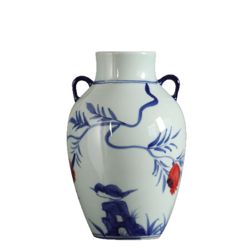 Blue and white double-ear pomegranate vase with small bird motif, 25 cm high