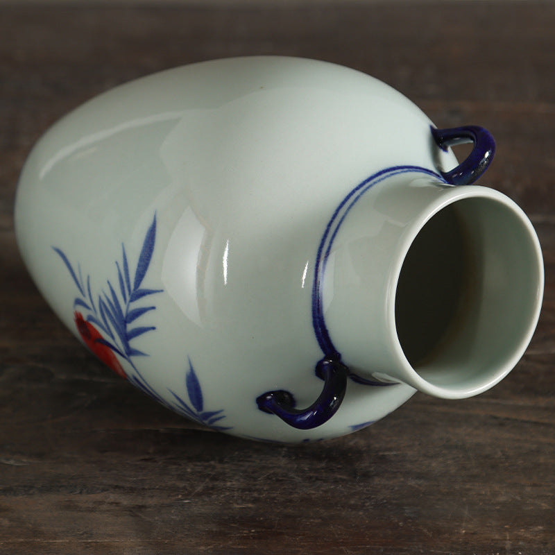 Blue and white double-ear pomegranate vase side and mouth detail