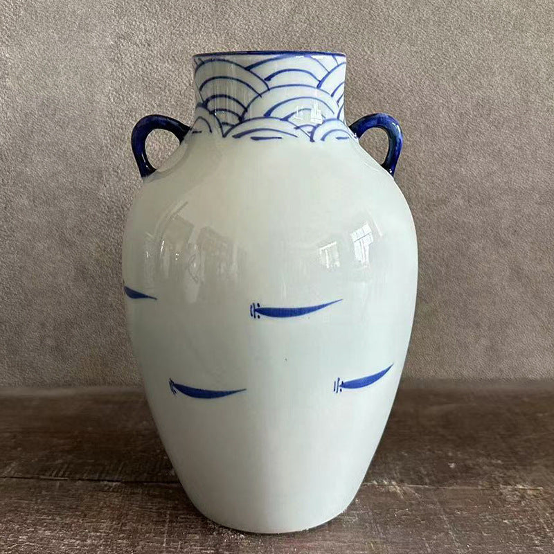 Blue and white double-ear pomegranate vase with small fish motif, 25 cm high