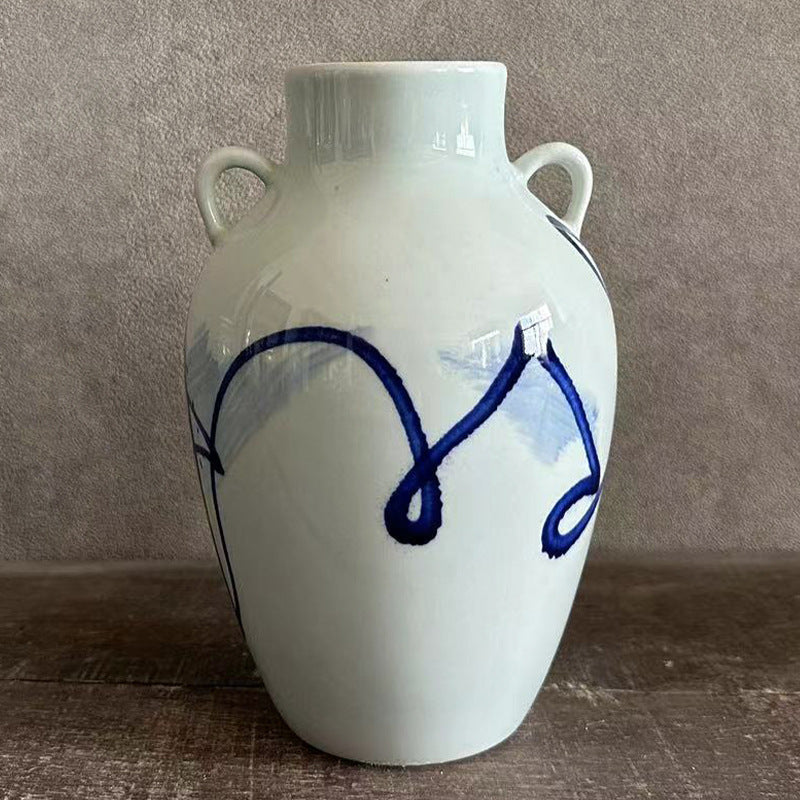 Double-ear pomegranate vase with expressive freehand cobalt ribbon design, 25 cm high