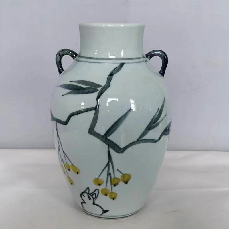 Double-ear ceramic pomegranate vase with loquat branch and rabbit motif, 25 cm high
