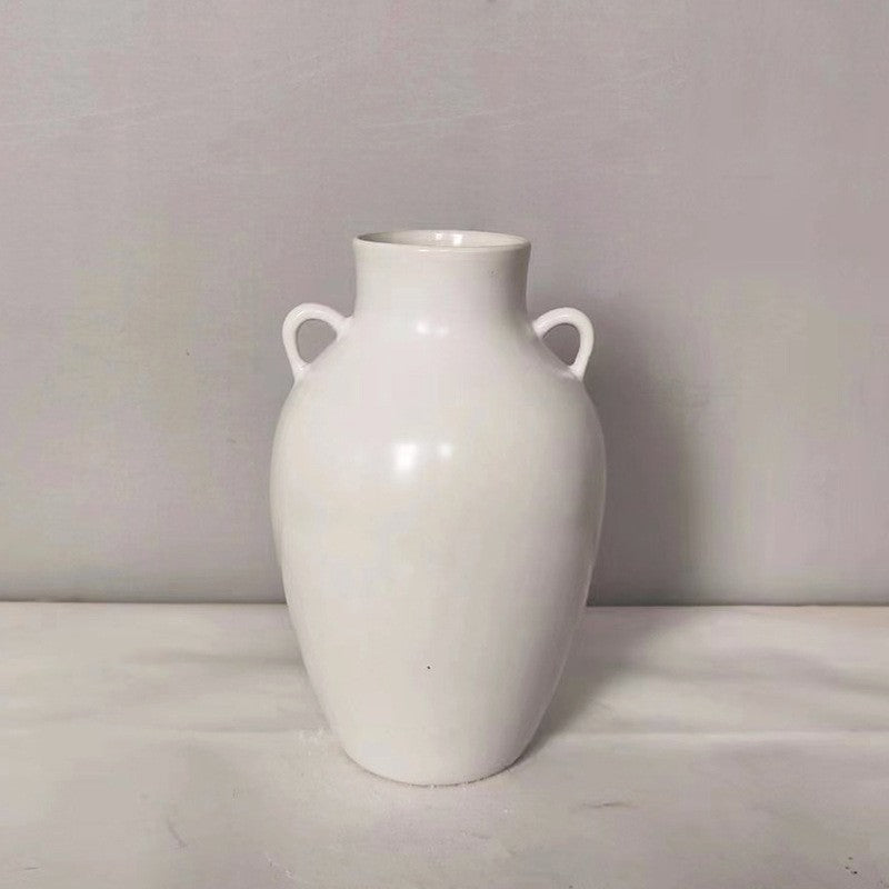 Pure white double-ear pomegranate ceramic vase, 25 cm high