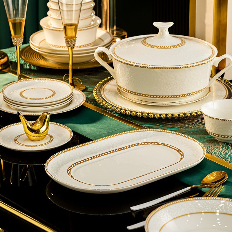 White embossed rose bone china serving tureen platter and dinnerware with gold trim