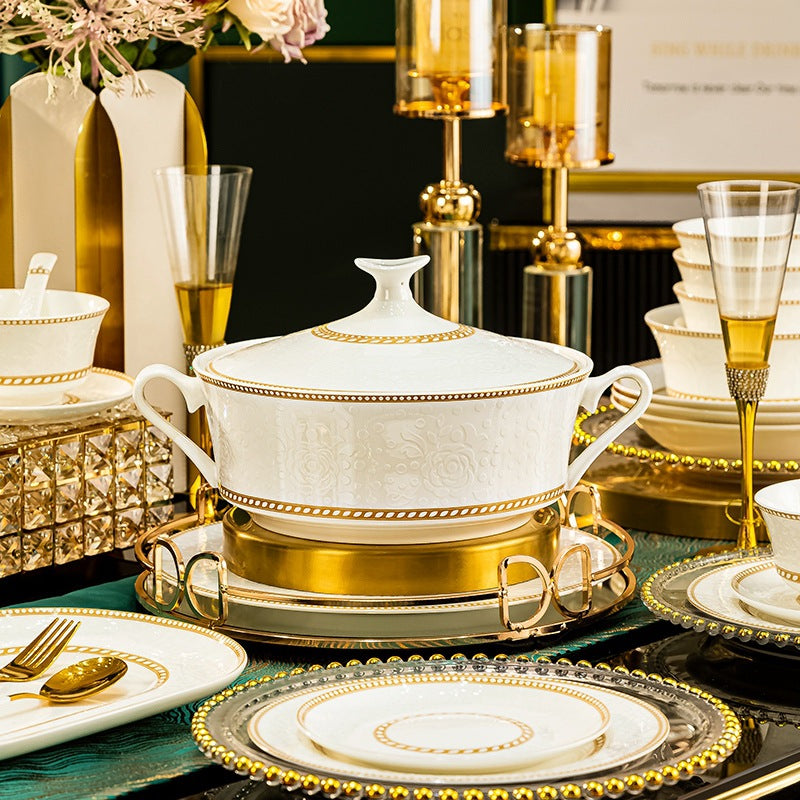 Embossed rose bone china lidded serving tureen with gold border detail