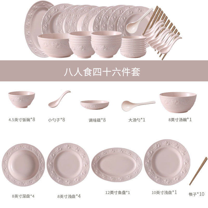 Embossed strawberry blush pink ceramic 8-person 46-piece dinnerware set configuration