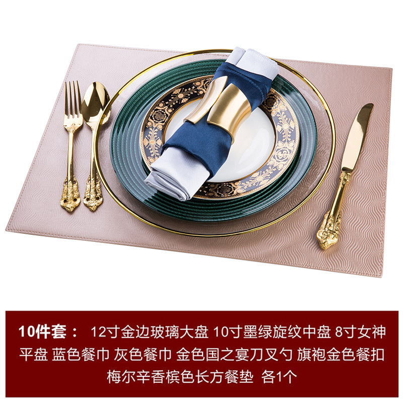 Ten-piece emerald spiral and gold table setting with champagne rectangular placemat