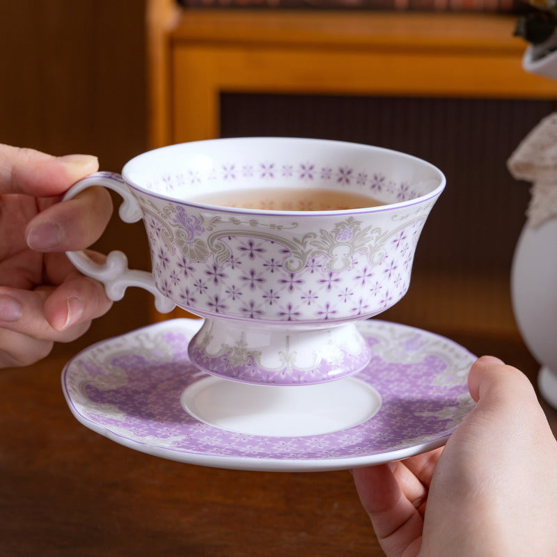 260ml blue high bone china coffee cup with matching feather-lattice saucer for afternoon tea