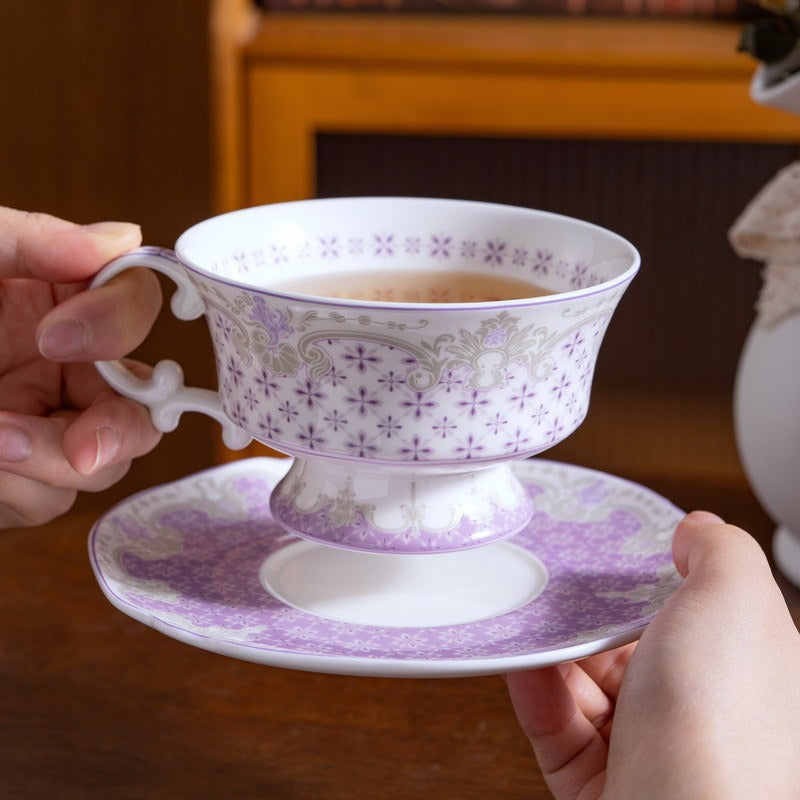European feather-lattice bone china cup and saucer gift set with polished blue and pink-purple colour options