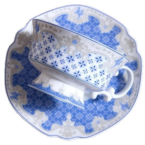 Blue and pink-purple feather-lattice high bone china coffee cup and saucer set for luxury afternoon tea