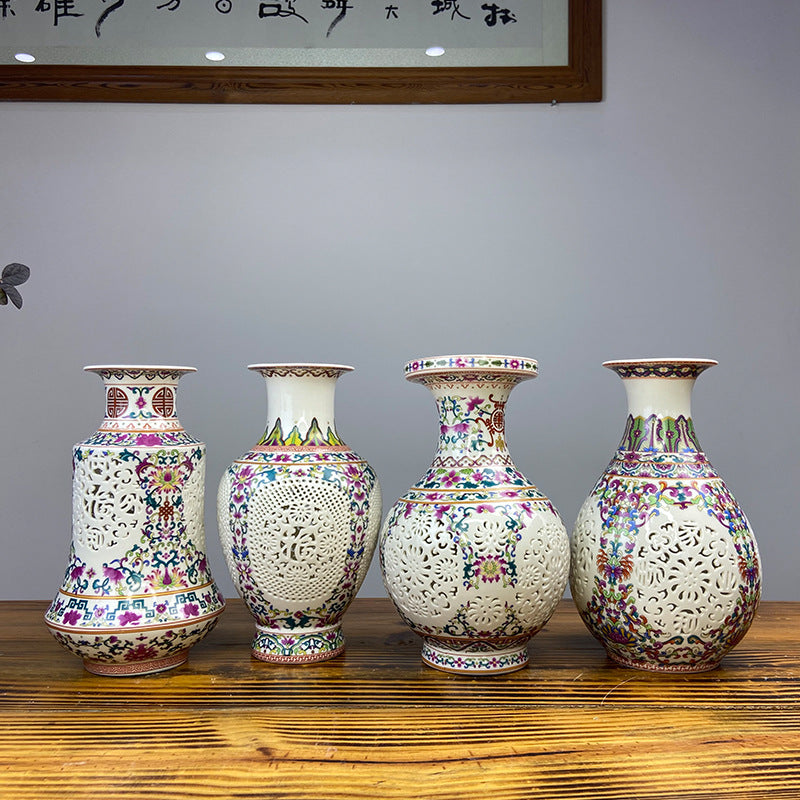 Famille rose openwork porcelain vase collection in traditional Chinese forms