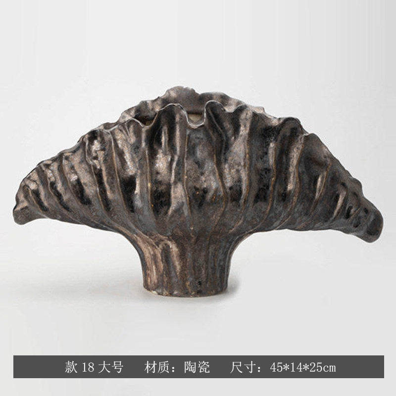 Burnished Charcoal sculptural fan ceramic vase, Large 45 x 14 x 25 cm