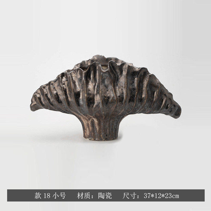 Burnished Charcoal sculptural fan ceramic vase, Small 37 x 12 x 23 cm