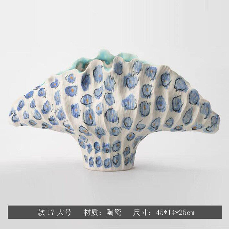 Cobalt Pebble sculptural fan ceramic vase, Large 45 x 14 x 25 cm