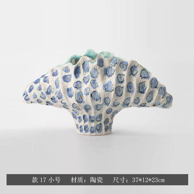 Cobalt Pebble sculptural fan ceramic vase, Small 37 x 12 x 23 cm