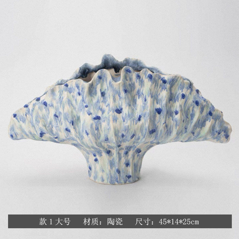 Cobalt Speckle sculptural fan ceramic vase, Large 45 x 14 x 25 cm