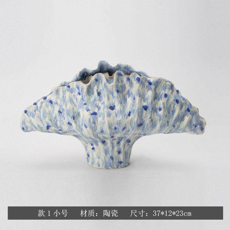 Cobalt Speckle sculptural fan ceramic vase, Small 37 x 12 x 23 cm
