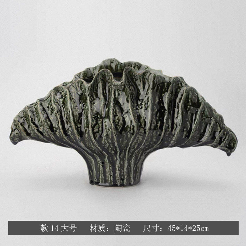 Forest Patina sculptural fan ceramic vase, Large 45 x 14 x 25 cm