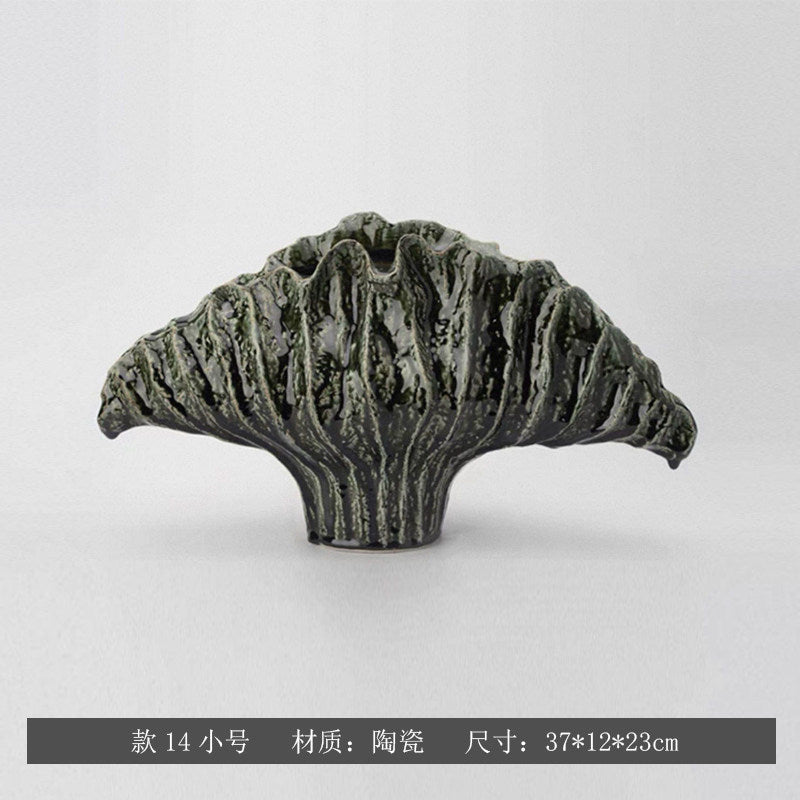 Forest Patina sculptural fan ceramic vase, Small 37 x 12 x 23 cm