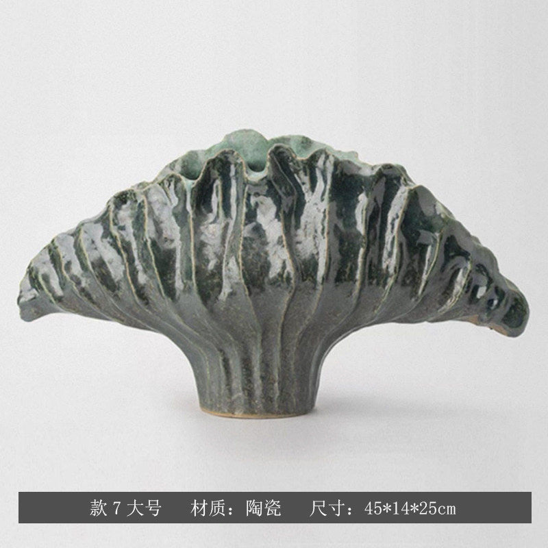 Moss Charcoal sculptural fan ceramic vase, Large 45 x 14 x 25 cm