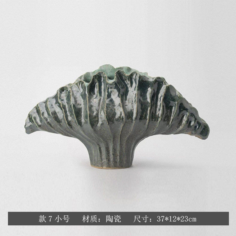 Moss Charcoal sculptural fan ceramic vase, Small 37 x 12 x 23 cm