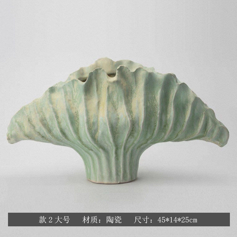 Pale Celadon sculptural fan ceramic vase, Large 45 x 14 x 25 cm