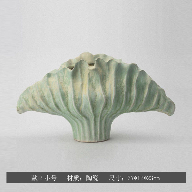 Pale Celadon sculptural fan ceramic vase, Small 37 x 12 x 23 cm