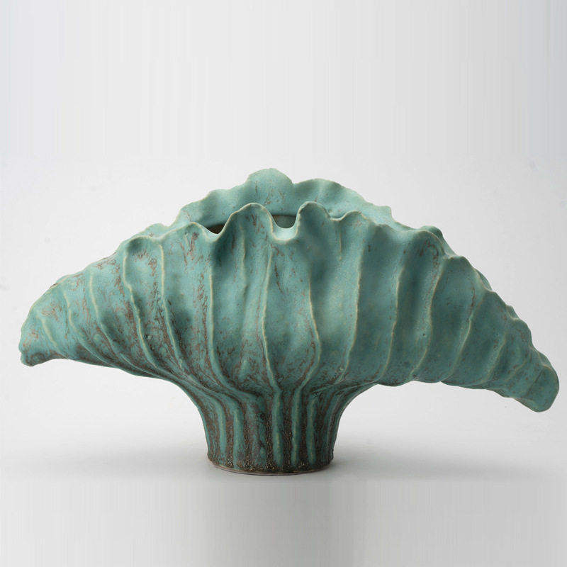 Seafoam Patina handmade-style ceramic fan vase detail
