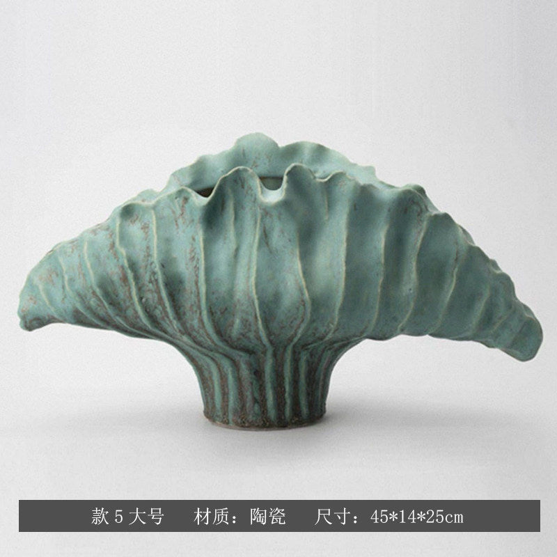 Seafoam Patina sculptural fan ceramic vase, Large 45 x 14 x 25 cm