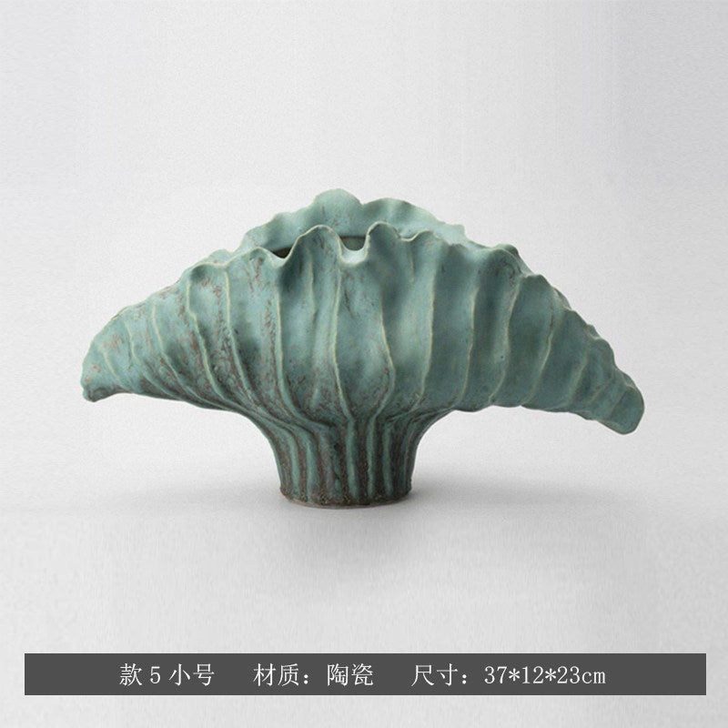 Seafoam Patina sculptural fan ceramic vase, Small 37 x 12 x 23 cm