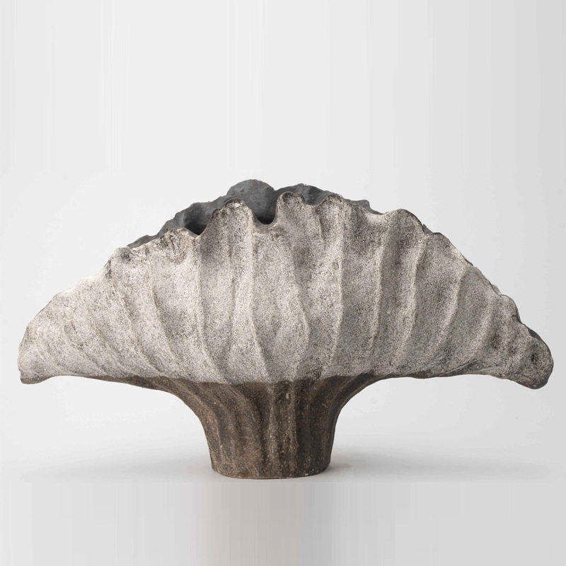 Stone grey sculptural fan ceramic vase detail