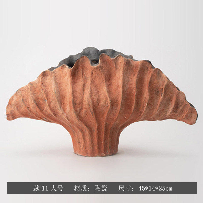 Terracotta sculptural fan ceramic vase, Large 45 x 14 x 25 cm